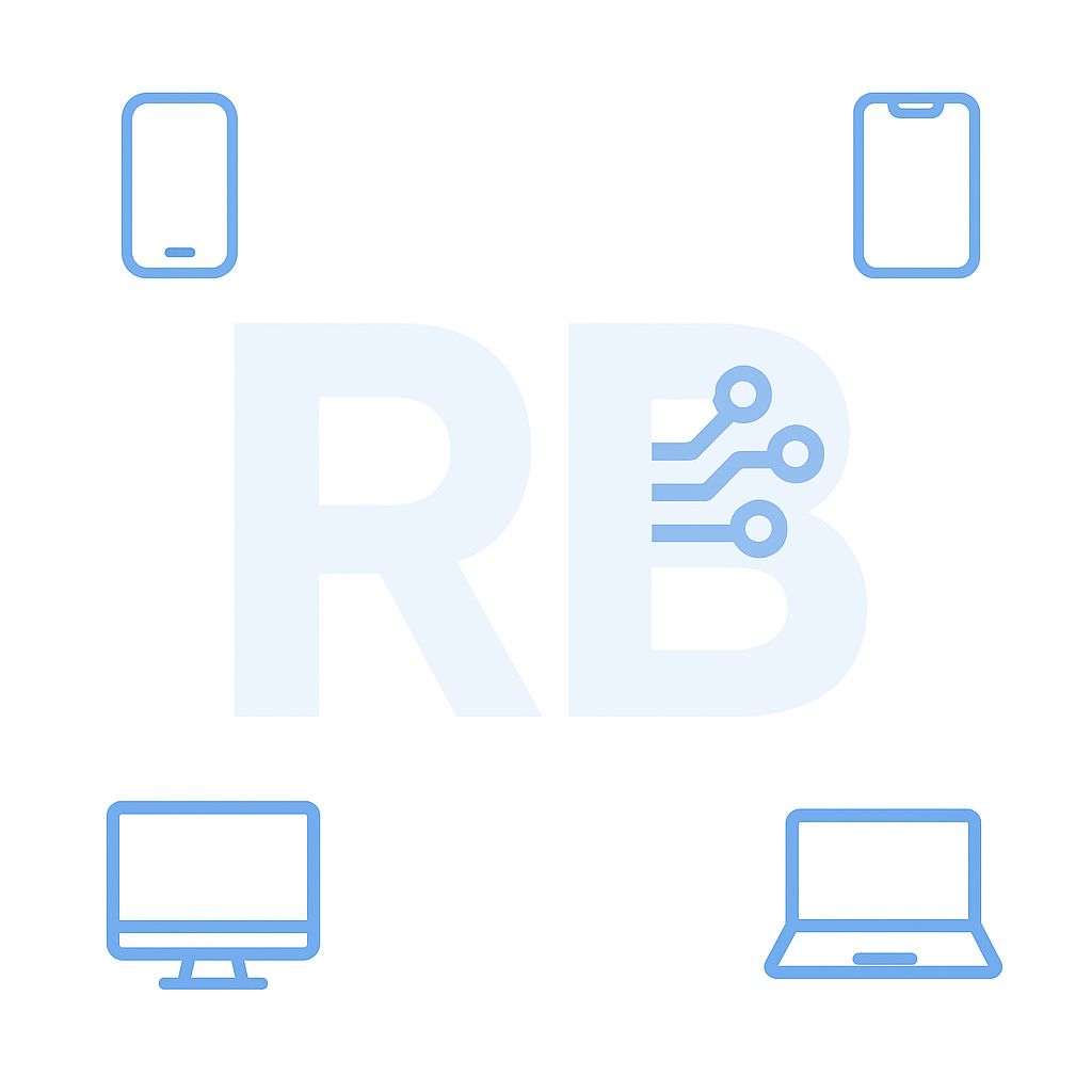 #ParaTodosVerem: Imagem com quatro ícones azuis — dois celulares, um monitor e um notebook. No centro, as letras “RB” com detalhe de circuito. Fundo branco.