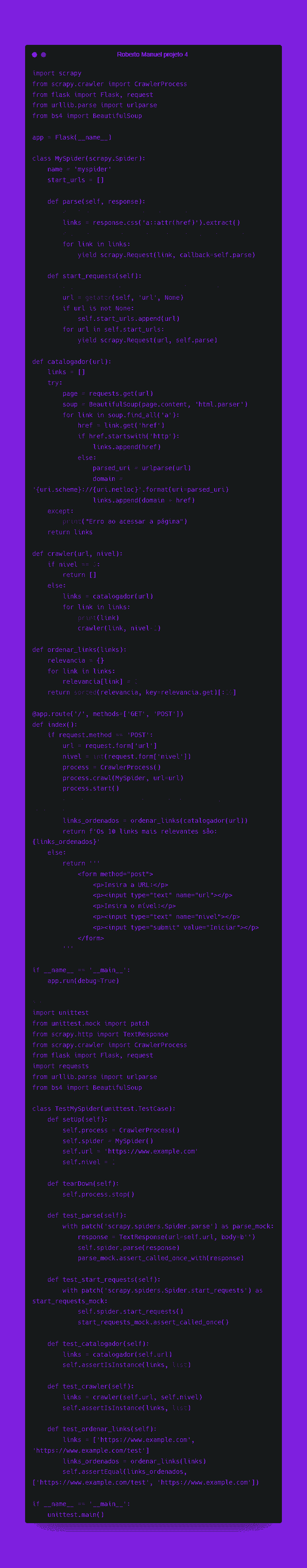 #ParaTodosVerem: Imagem de um Projeto de Web Crawler com Scrapy e Flask em Python com título, introdução e fundo roxo.