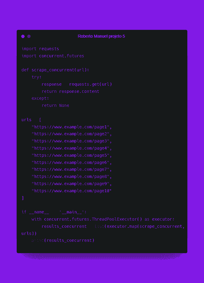#ParaTodosVerem: Imagem de um projeto de Scraping Concorrente de Páginas Web com Requests e Concurrent.futures em Python, com título, introdução e fundo roxo.